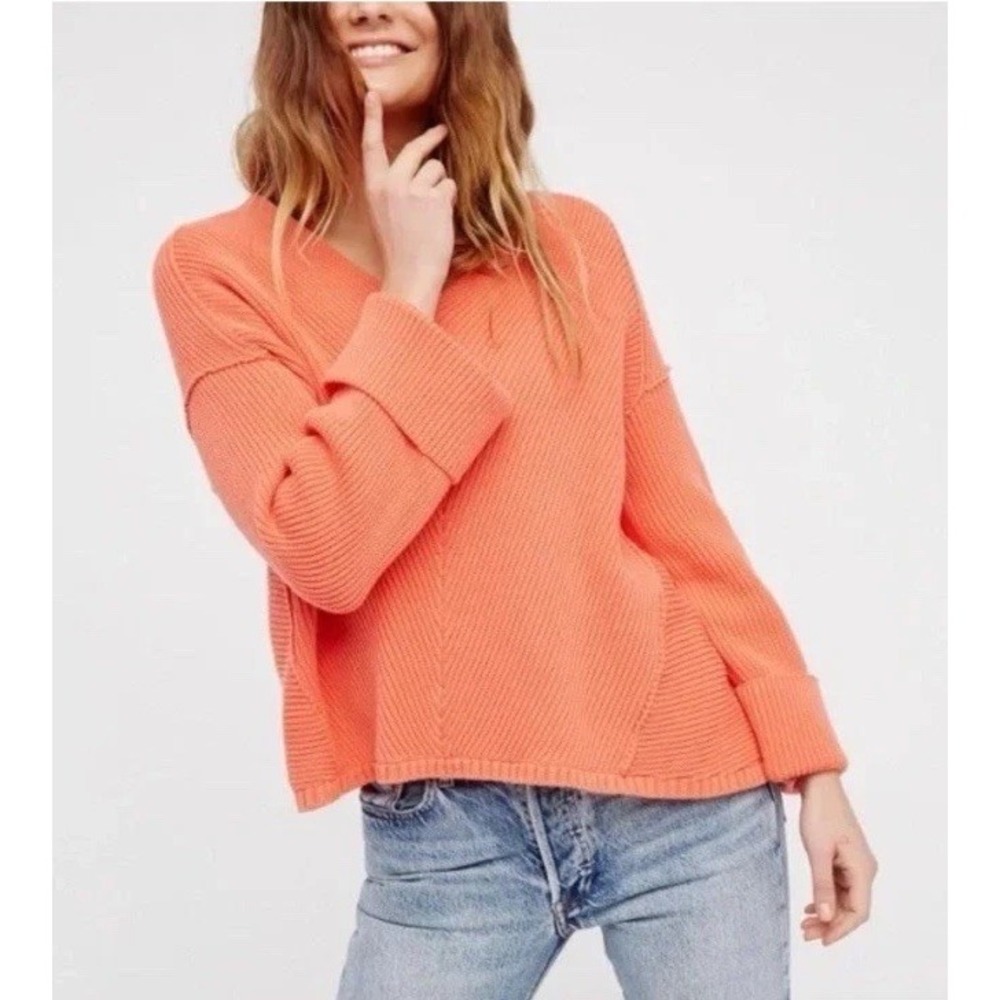 Free People La Brea V-neck Sweater Coral Orange Oversized Ribbed Cotton Small S